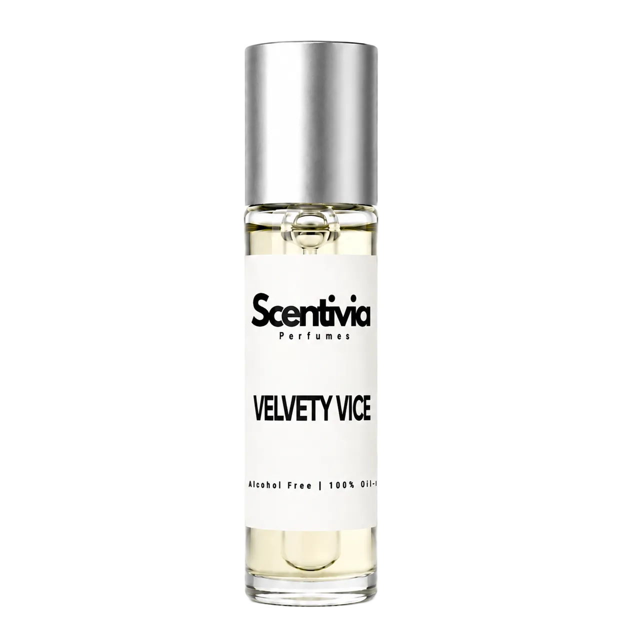 VELVETY VICE roll-on perfume by Scentivia in a clear glass bottle with a silver cap, featuring a white label, pale golden fragrance oil, and alcohol-free, 100% oil-based formulation.
