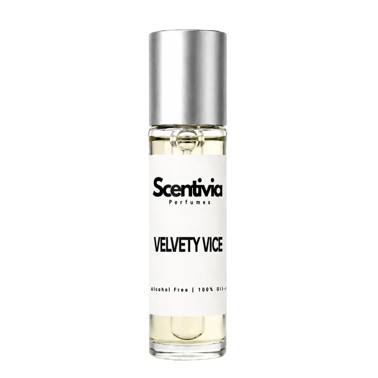 VELVETY VICE roll-on perfume by Scentivia in a clear glass bottle with a silver cap, featuring a white label, pale golden fragrance oil, and alcohol-free, 100% oil-based formulation.
