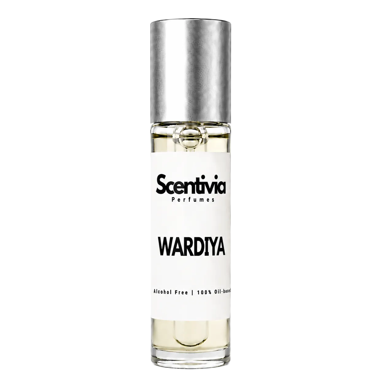 WARDIYA roll-on perfume by Scentivia in a clear glass bottle with a silver cap, featuring a white label, pale golden fragrance oil, and alcohol-free, 100% oil-based formulation.
