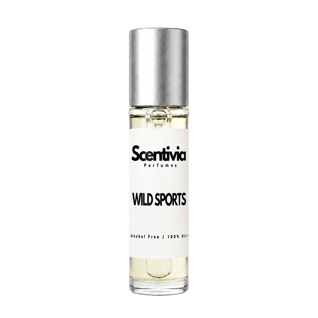 WILS SPORTS roll-on perfume by Scentivia in a clear glass bottle with a silver cap, featuring a white label, pale golden fragrance oil, and alcohol-free, 100% oil-based formulation.
